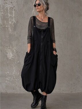 CYARD Black Lagenlook Oversized Zip Front Balloon Hem Jumper Dress Pockets L-XL